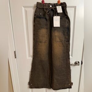 NWT Women’s Small Very J Hattie wide-leg washed denim jeans in brown